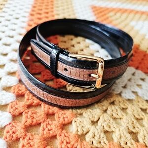 Vintage Pierre Cardin Brown Black Leather Belt Gold Buckle Reptile Texture